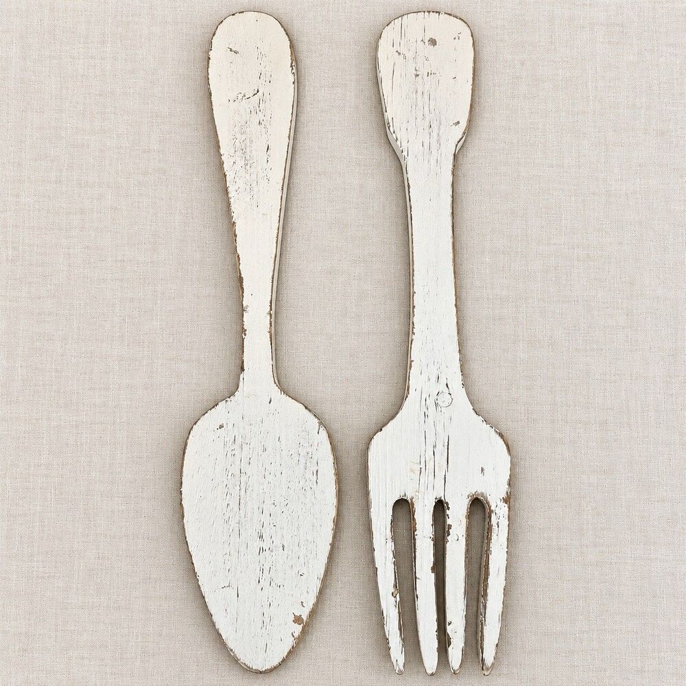 Distressed White Wood Spoon Fork Wall Decor Pair 16.5” Farmhouse Kitchen Hanging